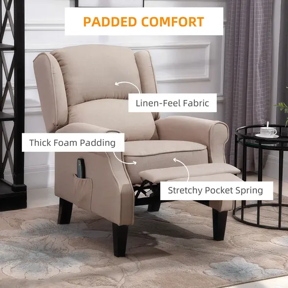 HOMCOM Heated Massage Reclining Armchair Thick Sponge Padded Linen Upholstery Metal Wood Frame Home Luxury Relaxation Beige - 6