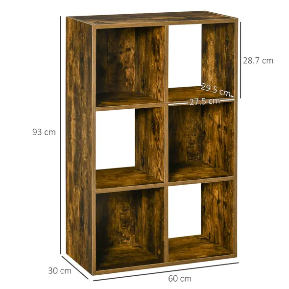 HOMCOM Industrial Style Storage Shelf, Bookcase, Bookshelf with 6 Compartments, Freestanding Shelving Unit for Living Room, Home Study, Rustic Brown - 3