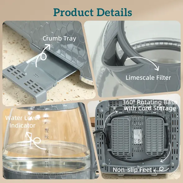 HOMCOM Kettle and Toaster Set, 1.7L 3000W Rapid Kettle with Strix Thermostat, 4 Slice Toaster with 7 Browning Controls, Grey - 9