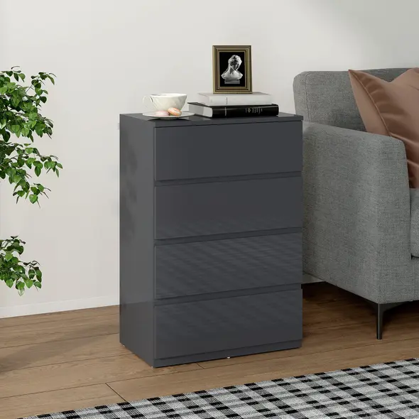 HOMCOM High Gloss Chest of Drawers, 4-Drawer Storage Cabinets, Modern Dresser for Bedroom, Grey - 2