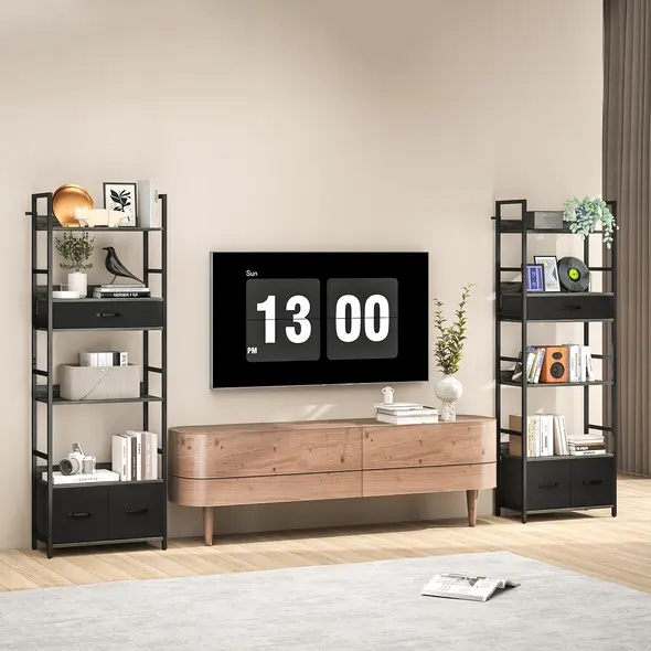 HOMCOM Industrial Style Bookcase, with 4 Shelves and 3 Fabric Drawers - Grey/Black - 8