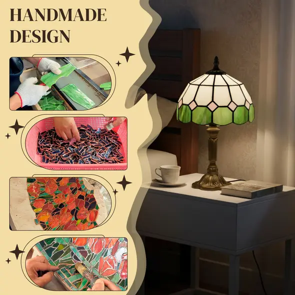 HOMCOM Handmade Art Deco Glass Table Lamp - White/Green - 4