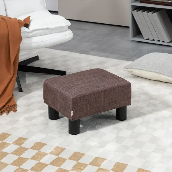 HOMCOM Linen Fabric Footstool Ottoman Cube with 4 Plastic Legs, Brown - 2