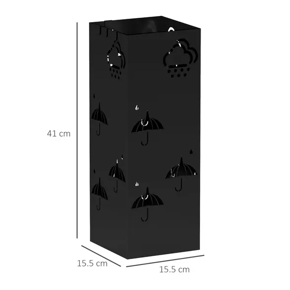 HOMCOM Metal Umbrella Stand, Square Umbrella Holder with Removable Drip Tray and 4 Hooks, Decorative Umbrella Storage Rack for Hallway, Entryway, 15.5 x 15.5 x 41 cm, Black - 3