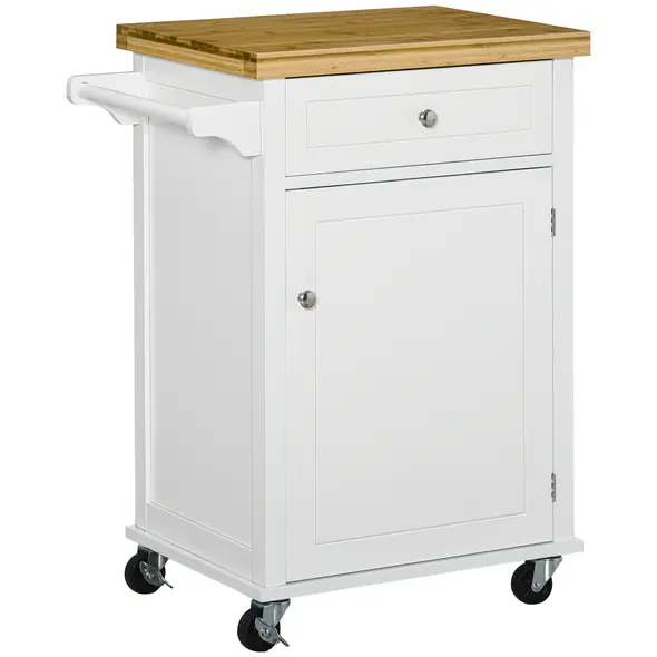 HOMCOM Kitchen Cart Storage Trolley Wooden Cabinet with Drawer Cupboard Towel Rail White - 1