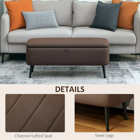 HOMCOM Linen-Look 92 x 31cm Storage Ottoman - Dark Brown - 6