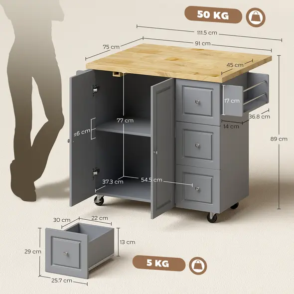 HOMCOM Kitchen Island on Wheels, Rolling Kitchen Storage Trolley with Drop Leaf, Drawers, Towel and Spice Rack, Grey - 3