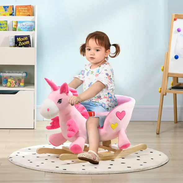 HOMCOM Kids Rocking Horse Ride on Unicorn with Songs, Wooden Base, Seatbelt, for Ages 18-36 Months, Pink - 2