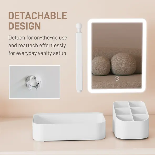 HOMCOM Makeup Mirror with Lights, Rechargeable Vanity Mirror w/ Touch Screen, 2 Lighting Modes and 180° Rotation, White - 9