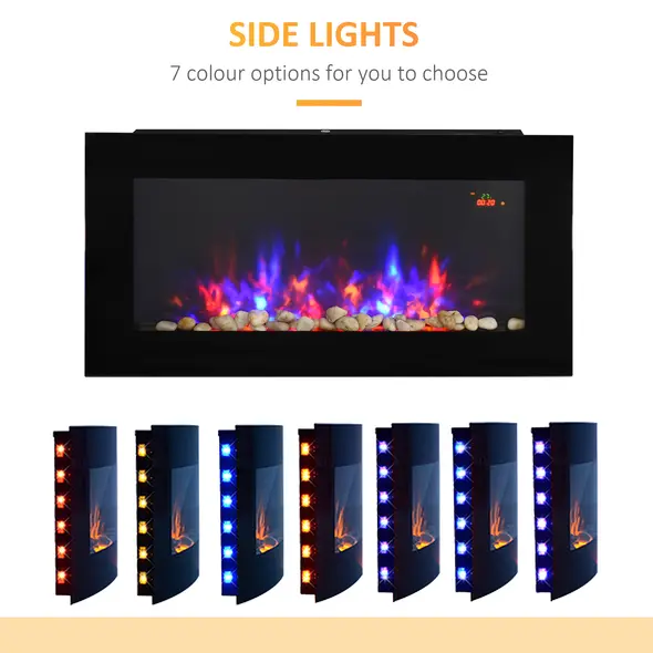 HOMCOM LED Wall Mounted Fireplace Curved Glass Electric Fire Place for Living Room, 1000W/2000W, 48H x 90.8W x 11.5Dcm, Black - 7