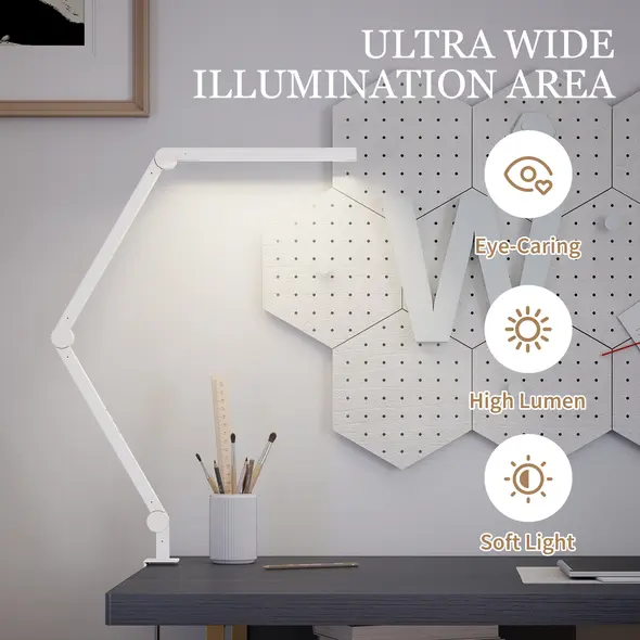 HOMCOM LED Desk Lamp, Dimmable Desk Light with Swing Arm and Clamp, Adjustable Eye-Caring Table Lamp with 2 Colour Modes & 5 Brightness Levels for Study, Drawing, Office, Architect, Task, White - 6