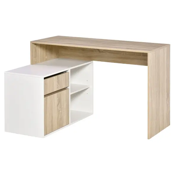 HOMCOM L-Shaped Desk, Corner Computer Desk with Storage Drawer, Adjustable Shelf, Cabinet for Home Office and Study, 120 x 92 x 75cm, Oak and White - 1