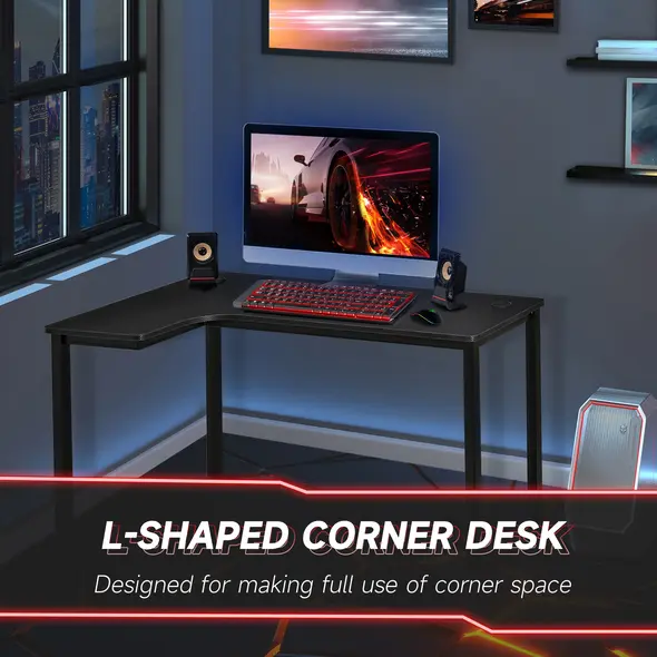HOMCOM L-Shaped Gaming Desk, Computer Corner Desk, Home Office Workstation with Cable Management, 145 x 81 x 76cm, Black, Left - 4