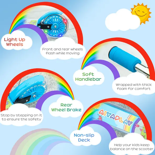 HOMCOM Kids Scooter, with Lights, Music, Adjustable Height, Foldable Frame, for Ages 3-7 Years - Blue - 7