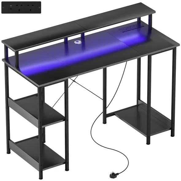 HOMCOM LED Computer Desk, with Power Outlets and Shelves - Carbon Fibre Grey - 1