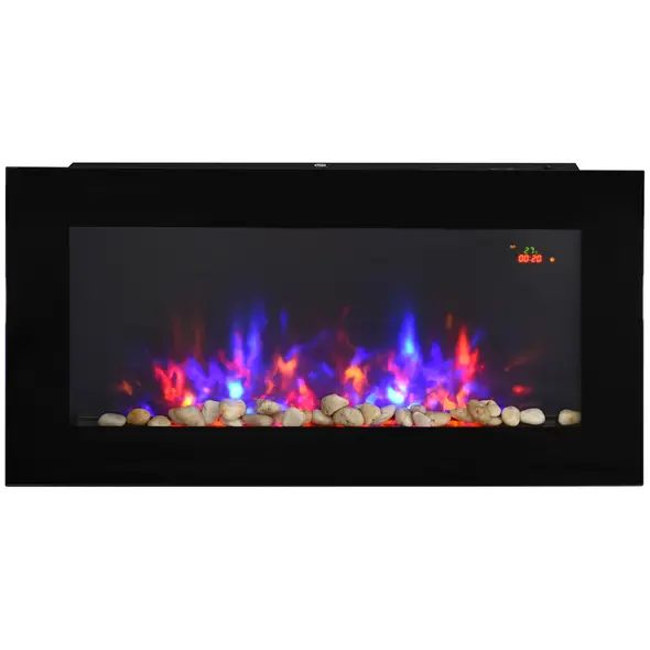 HOMCOM LED Wall Mounted Fireplace Curved Glass Electric Fire Place for Living Room, 1000W/2000W, 48H x 90.8W x 11.5Dcm, Black - 1