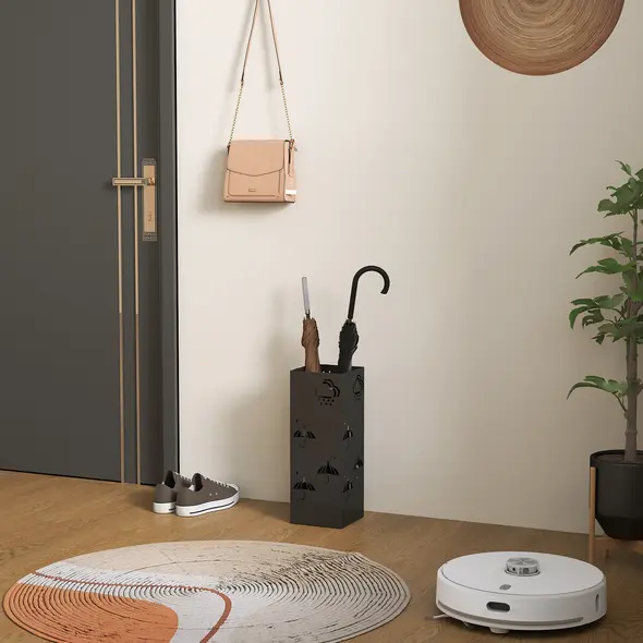 HOMCOM Metal Umbrella Stand, Square Umbrella Holder with Removable Drip Tray and 4 Hooks, Decorative Umbrella Storage Rack for Hallway, Entryway, 15.5 x 15.5 x 41 cm, Black - 2