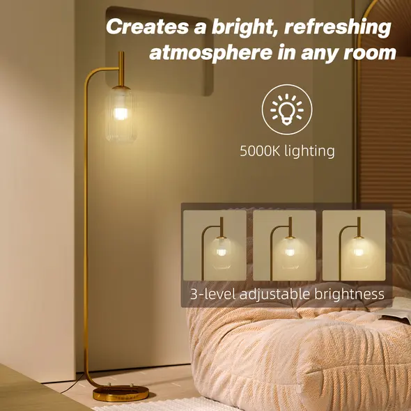 HOMCOM LED Floor Lamp for Living Room with Glass Lampshade, Modern Standing Lamp with Foot Switch, Adjustable Brightness, 2700K for Bedroom, Gold Tone - 5