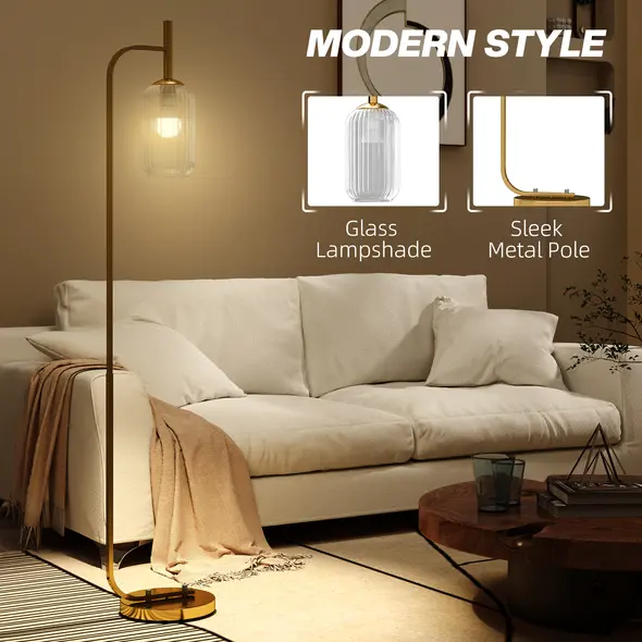 HOMCOM LED Floor Lamp for Living Room with Glass Lampshade, Modern Standing Lamp with Foot Switch, Adjustable Brightness, 2700K for Bedroom, Gold Tone - 4