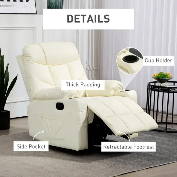 HOMCOM Manual Reclining Chair, Recliner Armchair with Swivel, Faux Leather, Footrest, Cup Holders, 86x93x102cm, Cream - 6