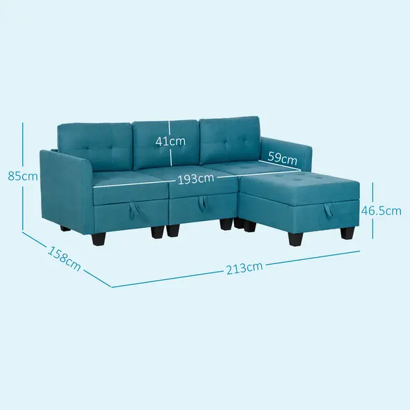 HOMCOM 'L' Shape Modular Sofa, with Storage - Light Blue - 3