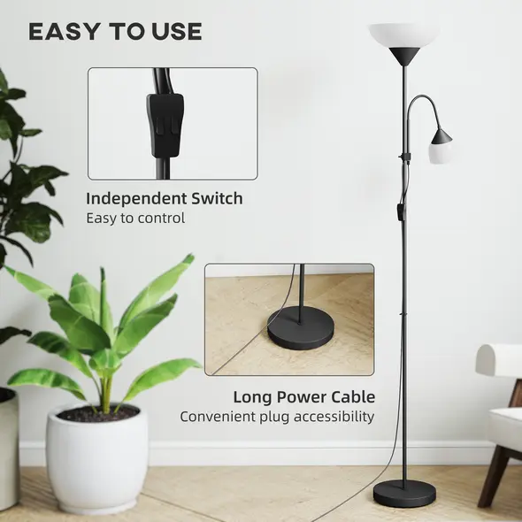 HOMCOM LED Floor Lamp for Living Room, 180cm Tall Standing Lamp, Mother and Child Uplighter with Adjustable Gooseneck, Black - 6