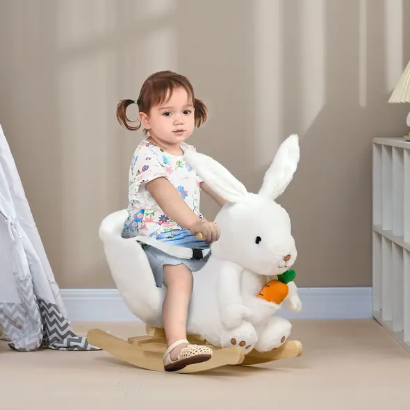 HOMCOM Kids Rabbit-Shaped Rocking Horse, with Safety Belt, Realistic Sounds, for Ages 18-36 Months - White - 2