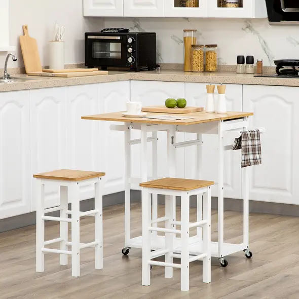 HOMCOM Kitchen Island Set with 2 Stools, Bamboo Breakfast Cart with Drop Leaf Top, Drawers and Towel Rack, Rolling Kitchen Cart and Chairs Set, White - 2
