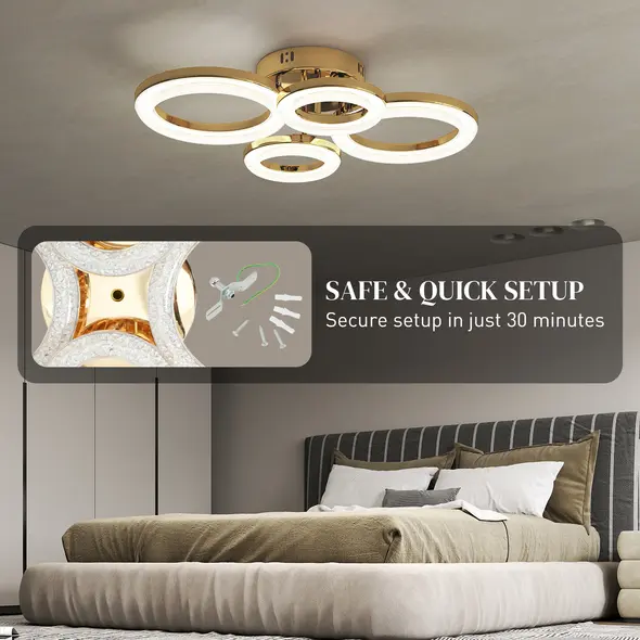HOMCOM LED Ceiling Light, Modern 4 Rings Ceiling Lamp with Wall Switch Control, 40W 4350lm Flush Mount Ceiling Light with 3500K/4500K/6000K Colour Temperatures for Living Room, Bedroom, Gold Tone - 6