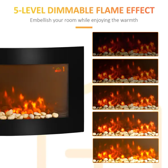 HOMCOM Led Wall Mounted Fireplace Curved Glass Electric Fire Place Fire Place 7 Colour Side Lights Slimline, 1000/2000W, 89.2cm x 48cm - 6