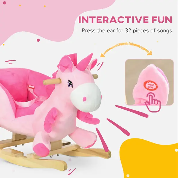 HOMCOM Kids Rocking Horse Ride on Unicorn with Songs, Wooden Base, Seatbelt, for Ages 18-36 Months, Pink - 4