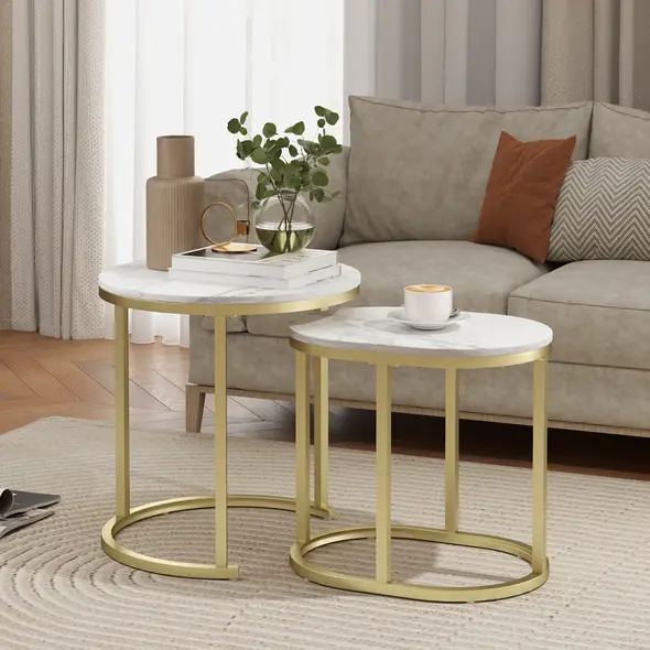 HOMCOM Marble-Effect Nest of Tables - Gold Tone/White - 2