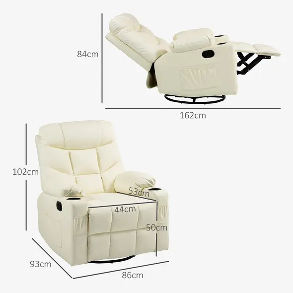 HOMCOM Manual Reclining Chair, Recliner Armchair with Swivel, Faux Leather, Footrest, Cup Holders, 86x93x102cm, Cream - 3