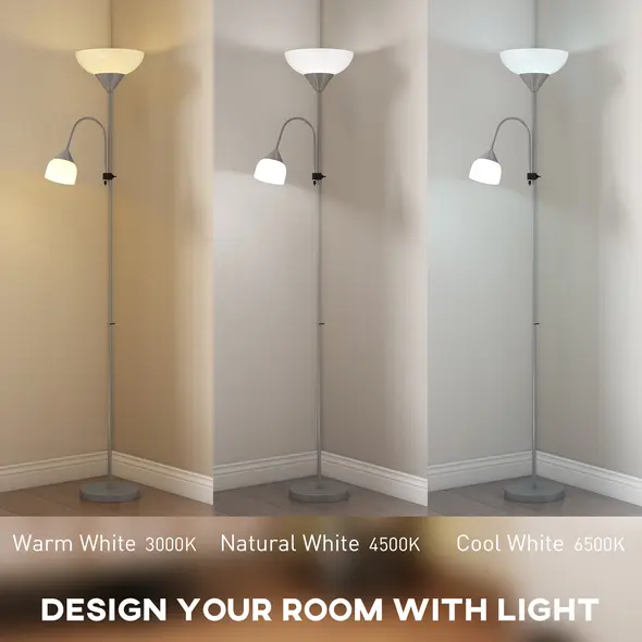 HOMCOM LED Floor Lamp for Living Room, 180cm Tall Standing Lamp, Mother and Child Uplighter with Adjustable Gooseneck, 3000K/4500K/6500K Colour Temperatures, Silver Tone - 4