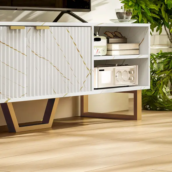 HOMCOM Marble Effect TV Unit, TV Stand Cabinet for up to 70" TVs, Modern TV Cabinet with Shelves and Storage Cupboard, Fluted Door, Extra Centre Leg, Cable Management for Living Room, White - 9