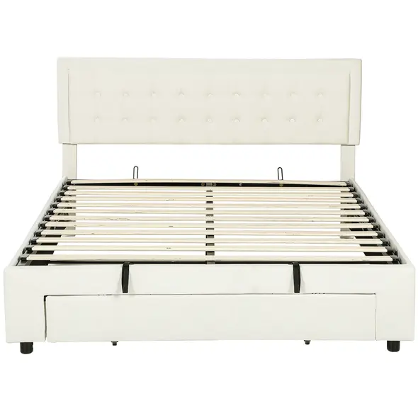 HOMCOM King Size Ottoman Bed Frame, with Front Drawer - Cream - 1