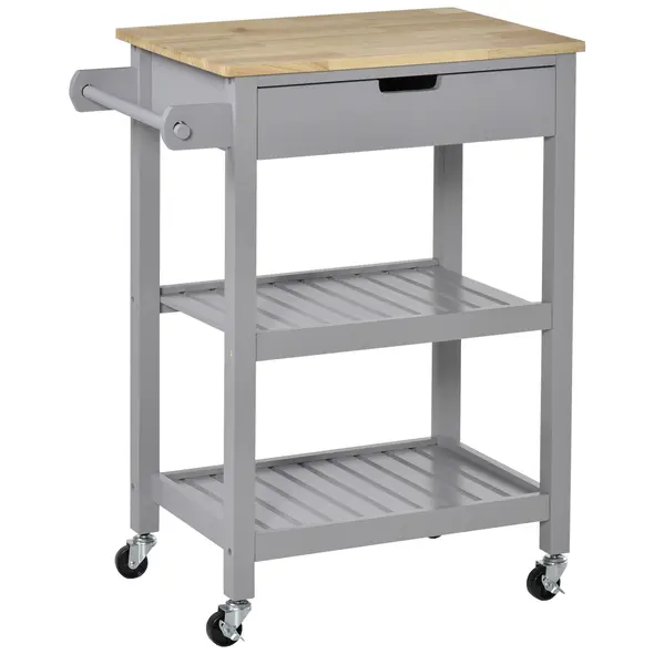 HOMCOM Kitchen Trolley Utility Cart on Wheels with Rubberwood Worktop, Towel Rack, Storage Shelves & Drawer for Dining Room, Grey - 1