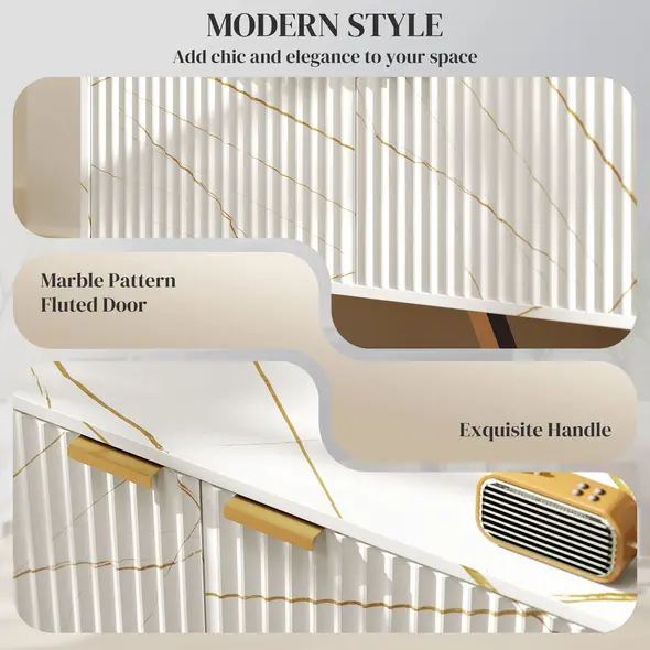 HOMCOM Marble Effect TV Unit, TV Stand Cabinet for up to 70" TVs, Modern TV Cabinet with Shelves and Storage Cupboard, Fluted Door, Extra Centre Leg, Cable Management for Living Room, White - 4