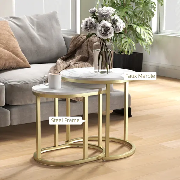 HOMCOM Marble-Effect Nest of Tables - Gold Tone/White - 5
