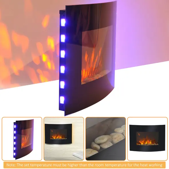 HOMCOM Led Wall Mounted Fireplace Curved Glass Electric Fire Place Fire Place 7 Colour Side Lights Slimline, 900/1800W, 65cm x 52cm - 6