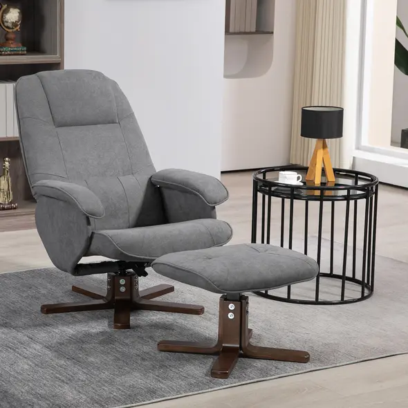 HOMCOM Linen Swivel Recliner Chair with Footstool, Upholstered Reclining Armchair with Wooden Base for Living Room, Grey - 2
