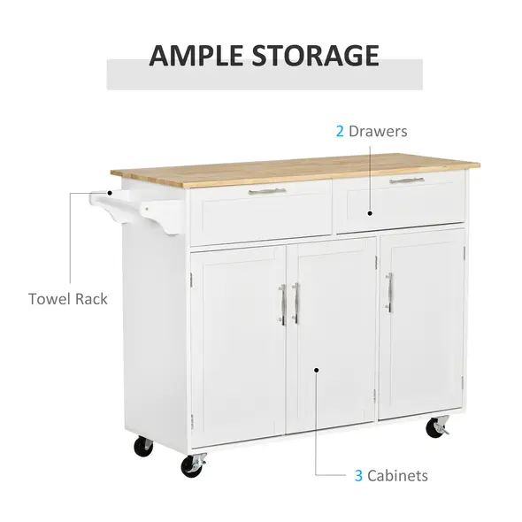 HOMCOM Kitchen Island Utility Cart, with 2 Storage Drawers & Cabinets for Dining Room, White - 4
