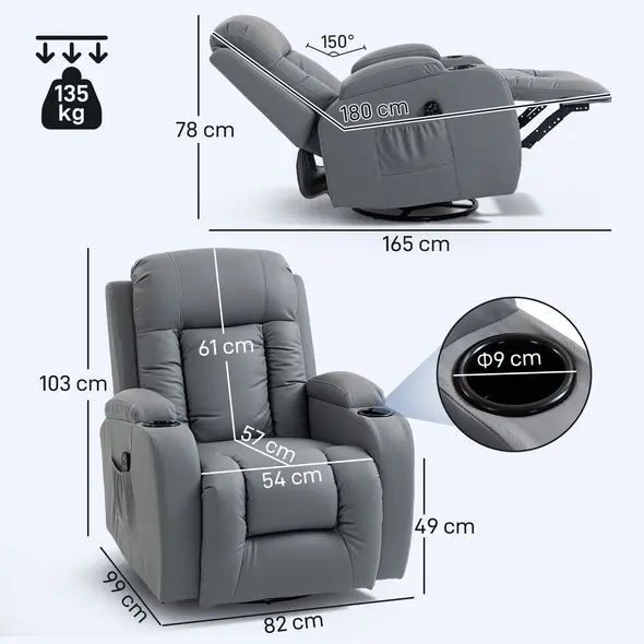 HOMCOM Massage Recliner Armchair, PU Leather Recliner Chair, Grey - 3