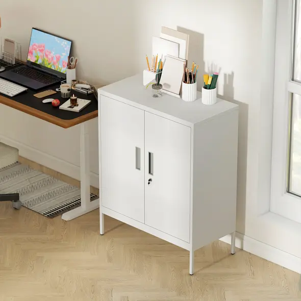 HOMCOM Metal Storage Cabinet with Lock and Adjustable Shelves - White - 8