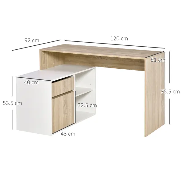 HOMCOM L-Shaped Desk, Corner Computer Desk with Storage Drawer, Adjustable Shelf, Cabinet for Home Office and Study, 120 x 92 x 75cm, Oak and White - 3