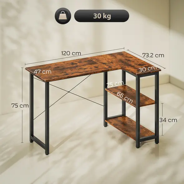 HOMCOM L Shaped Desk, Corner Computer Desk with Bookshelf for Home Office, Study Room, Workstation, 120 x 73.2 x 75cm, Rustic Brown - 3