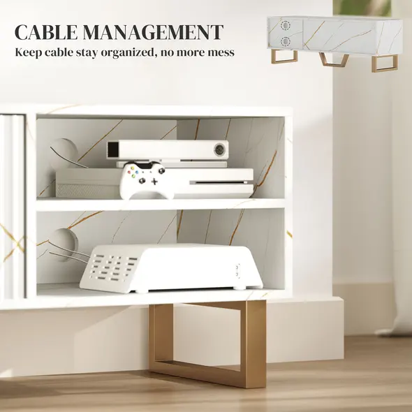 HOMCOM Marble Effect TV Unit, TV Stand Cabinet for up to 70" TVs, Modern TV Cabinet with Shelves and Storage Cupboard, Fluted Door, Extra Centre Leg, Cable Management for Living Room, White - 6