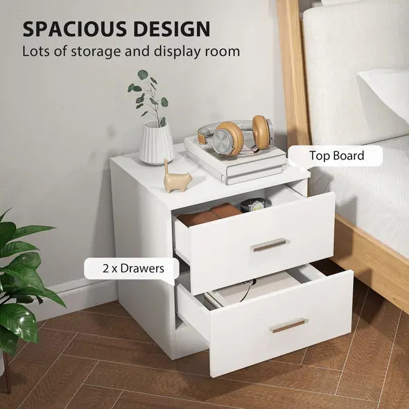 HOMCOM Modern Bedside Table, Beside Cabinet with 2 Drawers, for Bedroom, Living Room, White - 4