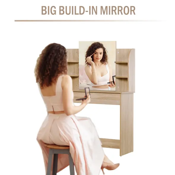 HOMCOM Modern Dressing Table Writing Desk W/ Mirror, Big Drawers, 2-Tier Open Shelf For Home Bedroom Natural - 7