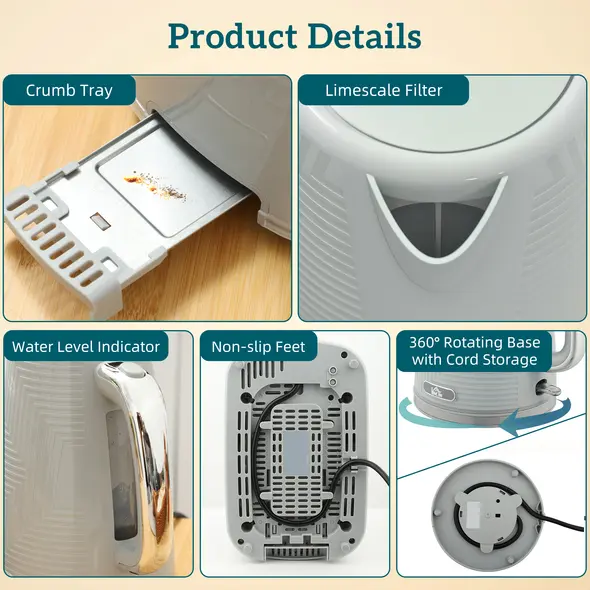 HOMCOM Modern Kettle and Toaster Set - Grey - 9